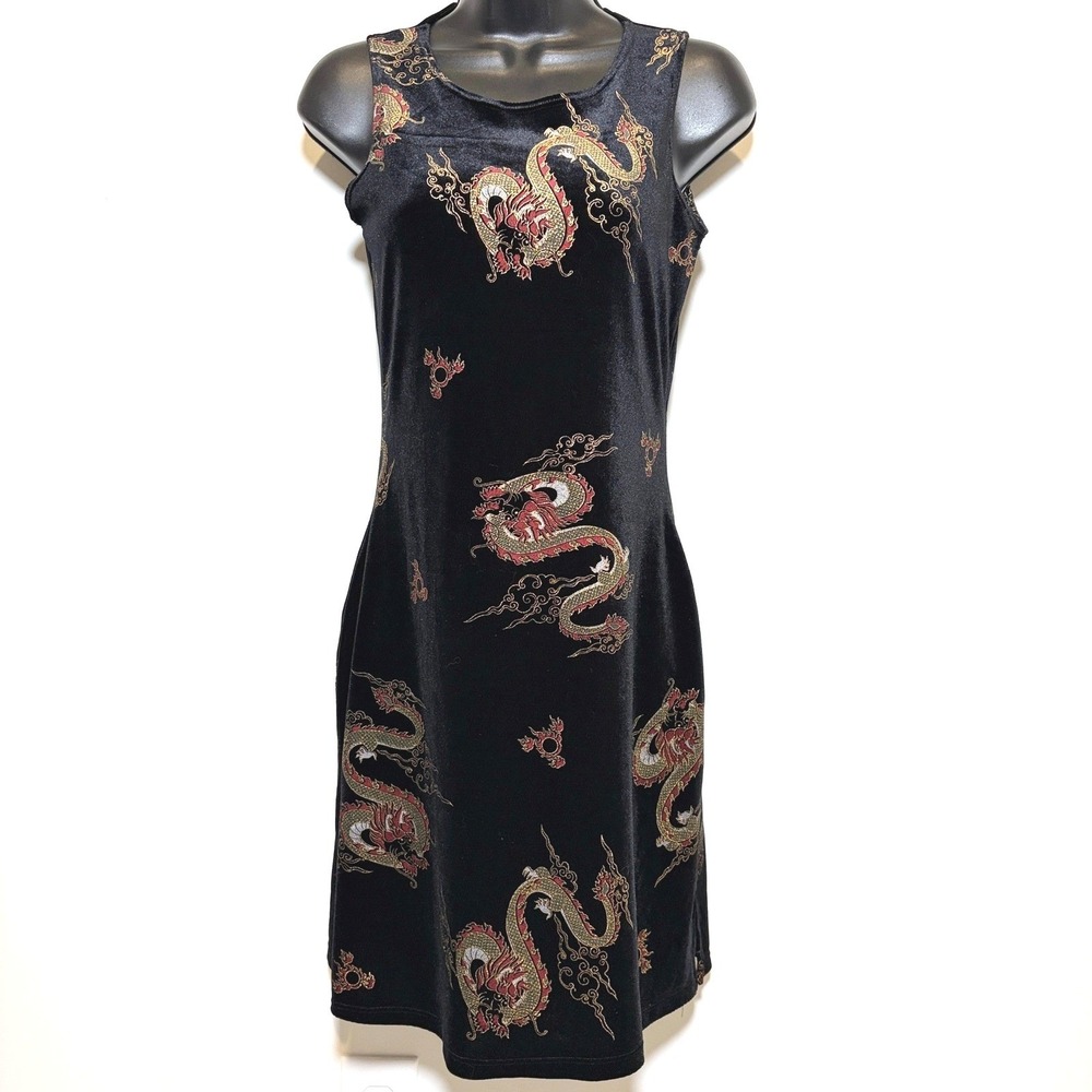 VTG 90s Whimsigoth Rave City Mini Dress Dragon Print Velvet Small Black